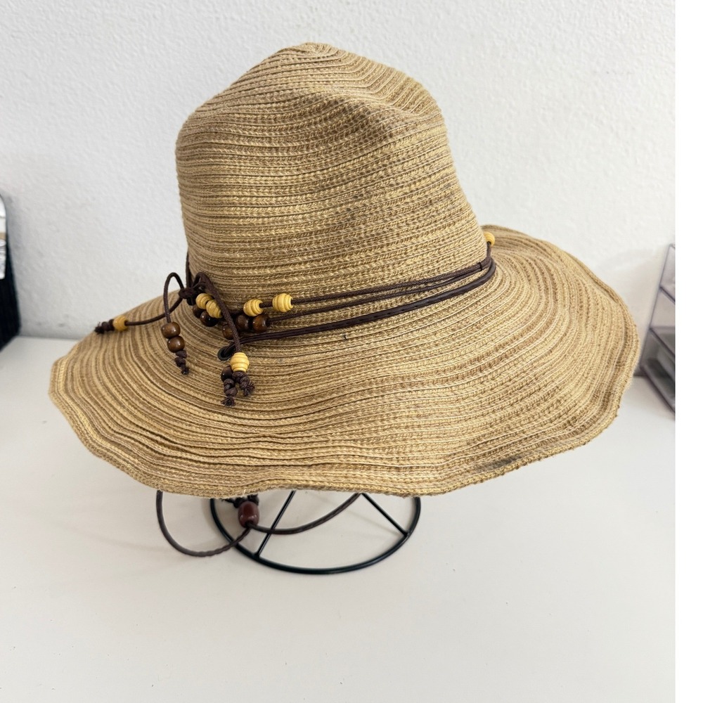 Sunday Afternoons Tan Straw Sun Hat Wide Brim Beaded Cord Chin Strap Medium